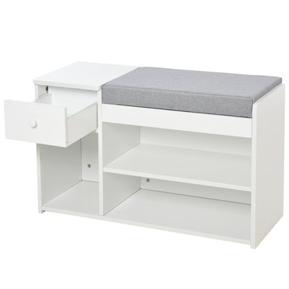 HOMCOM Multi-Storage Shoe Bench w/ Drawer 3 Compartments Cushioned Home Organisation Furniture Tidy Boots Hallway Entryway White