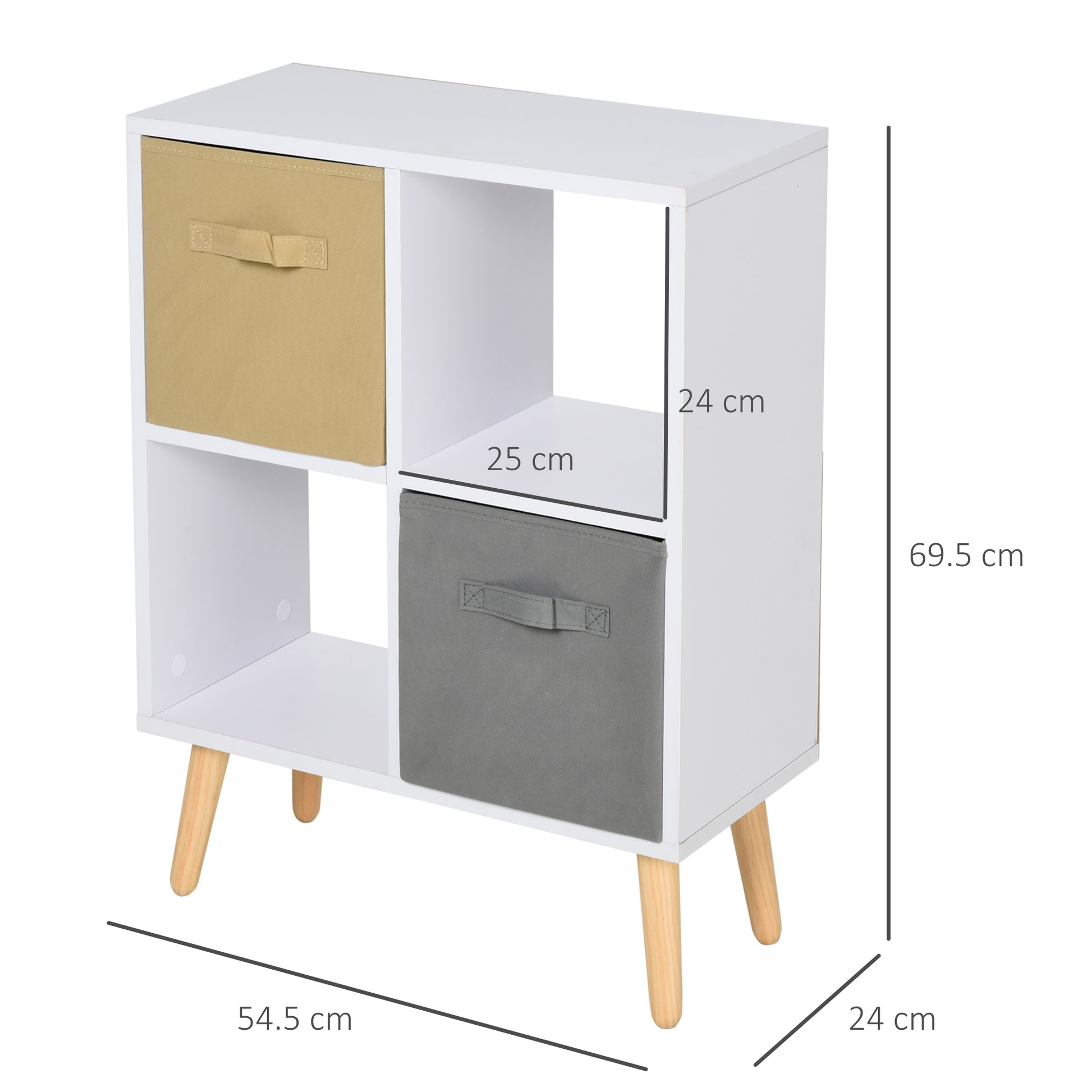 HOMCOM Freestanding 4 Cube Storage Cabinet Unit w/ 2 Fabric Drawers Handles Home Office Organisation Shelves Furniture 54.5L x 24W x 69.5H cm