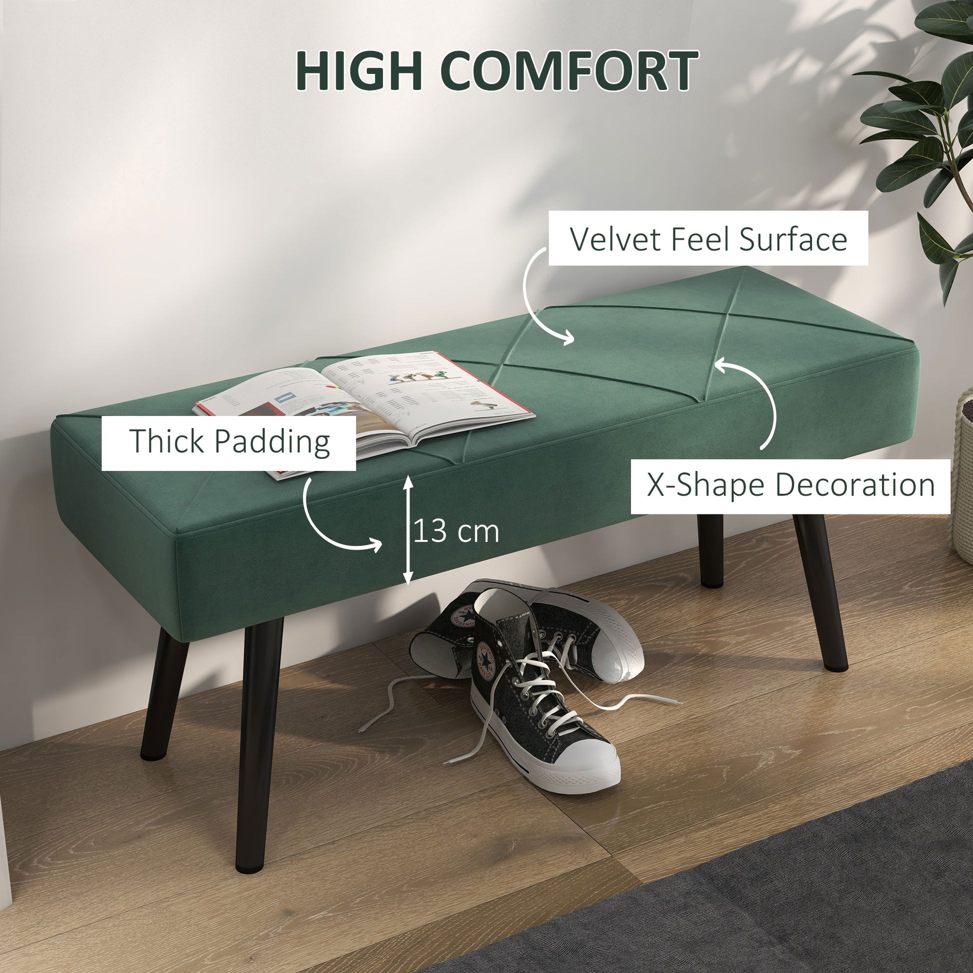 HOMCOM End of Bed Bench with X-Shape Design and Steel Legs, Upholstered Hallway Bench for Bedroom, Green