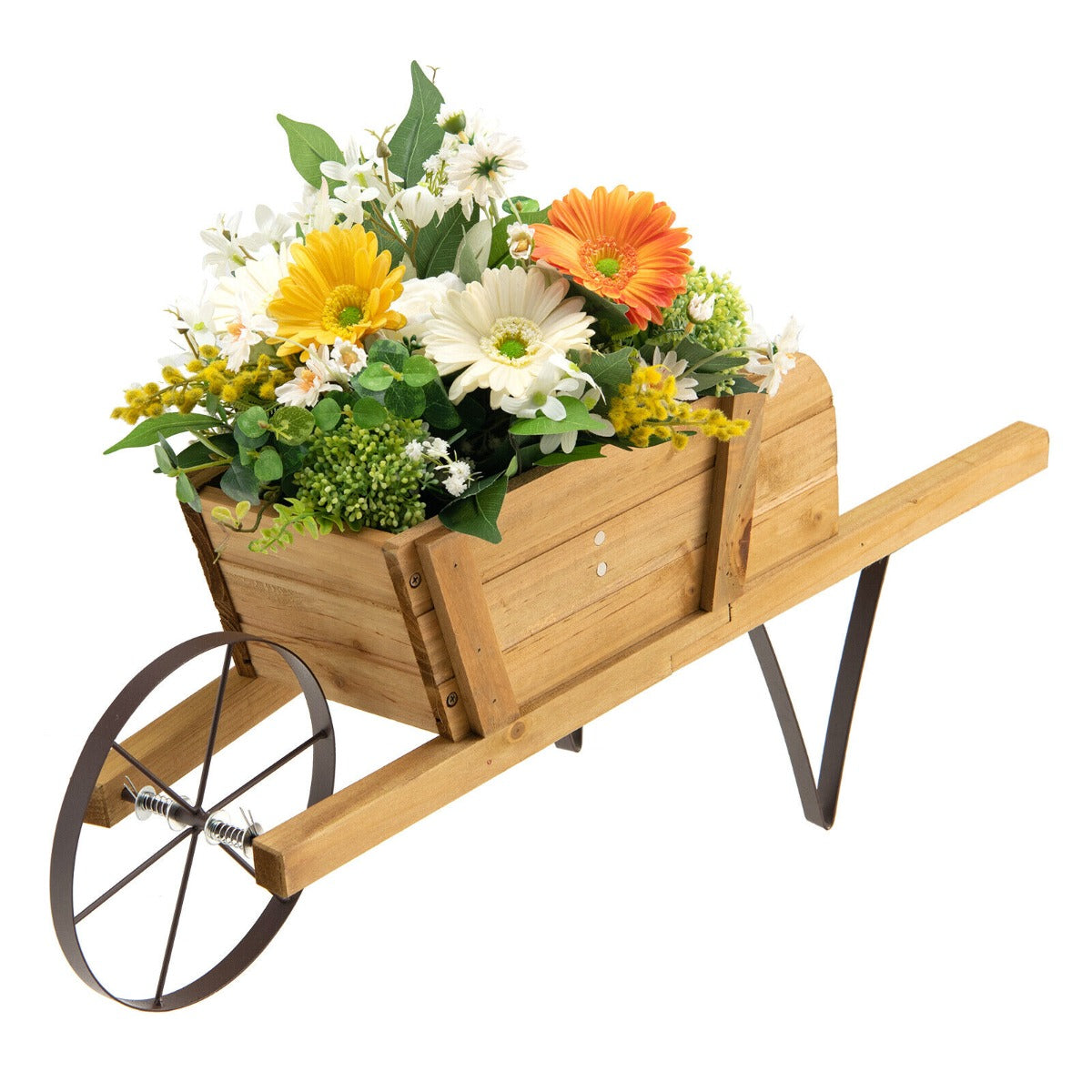 Wooden Wagon Planter Stand Wheelbarrow Flower Cart Garden Decoration-Coffee