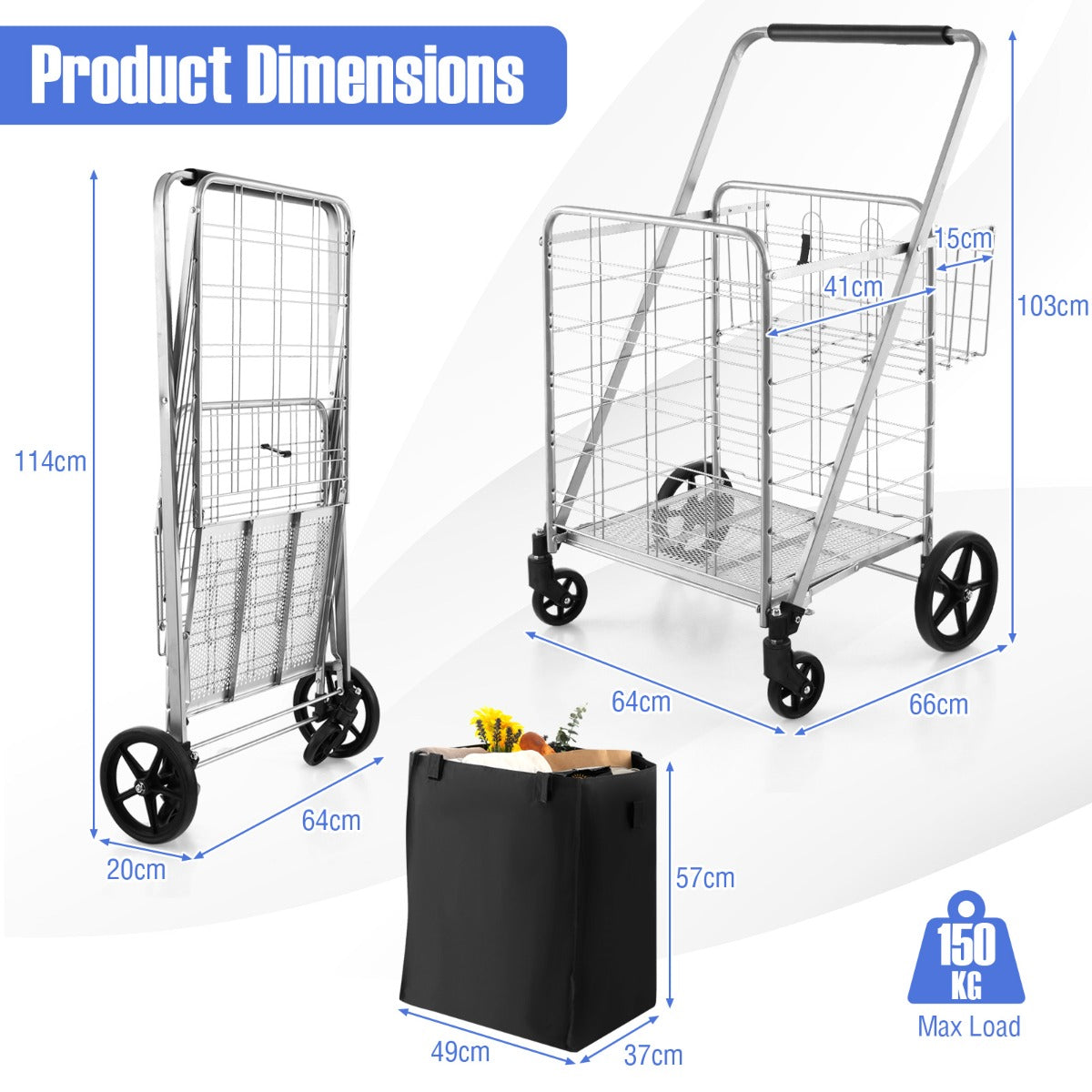 Folding Shopping Cart with Waterproof Liner-White