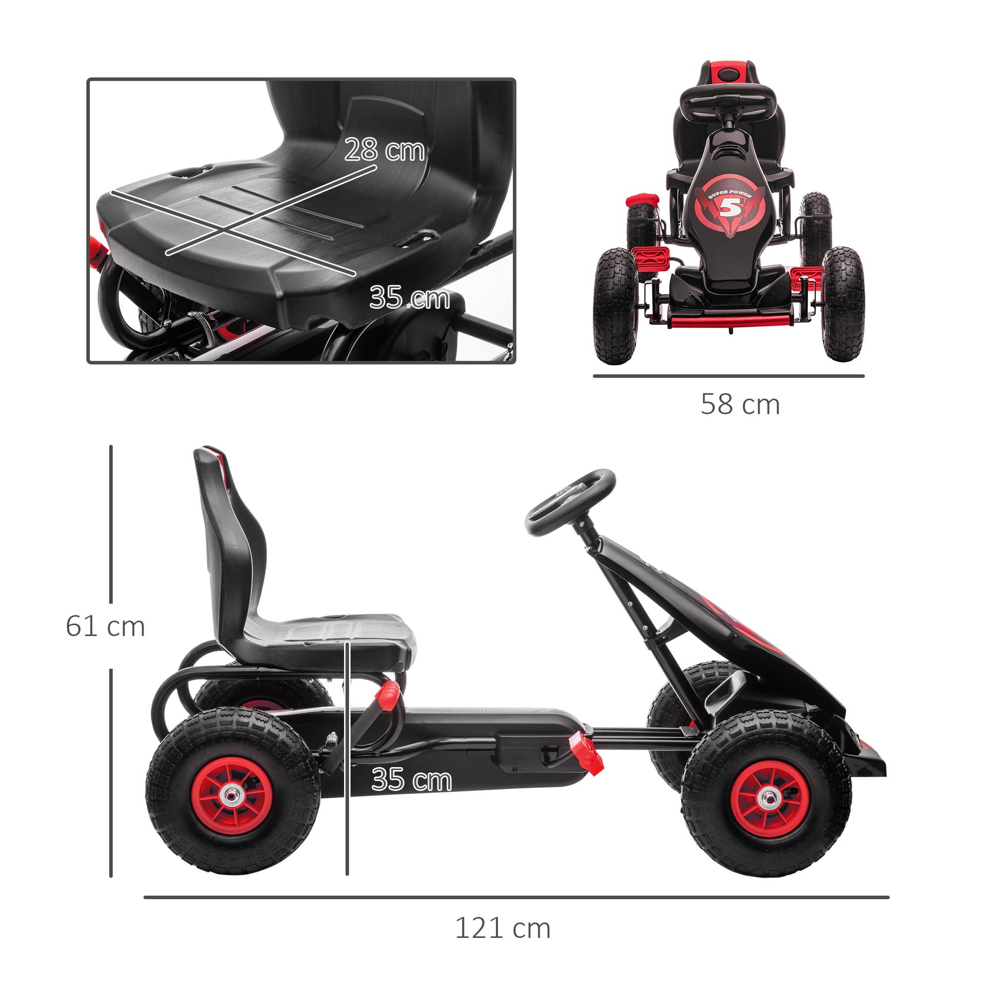 HOMCOM Children Pedal Go Kart, Racing Go Cart with Adjustable Seat, Inflatable Tyres, Shock Absorb, Handbrake, for Boys and Girls Ages 5-12, Red