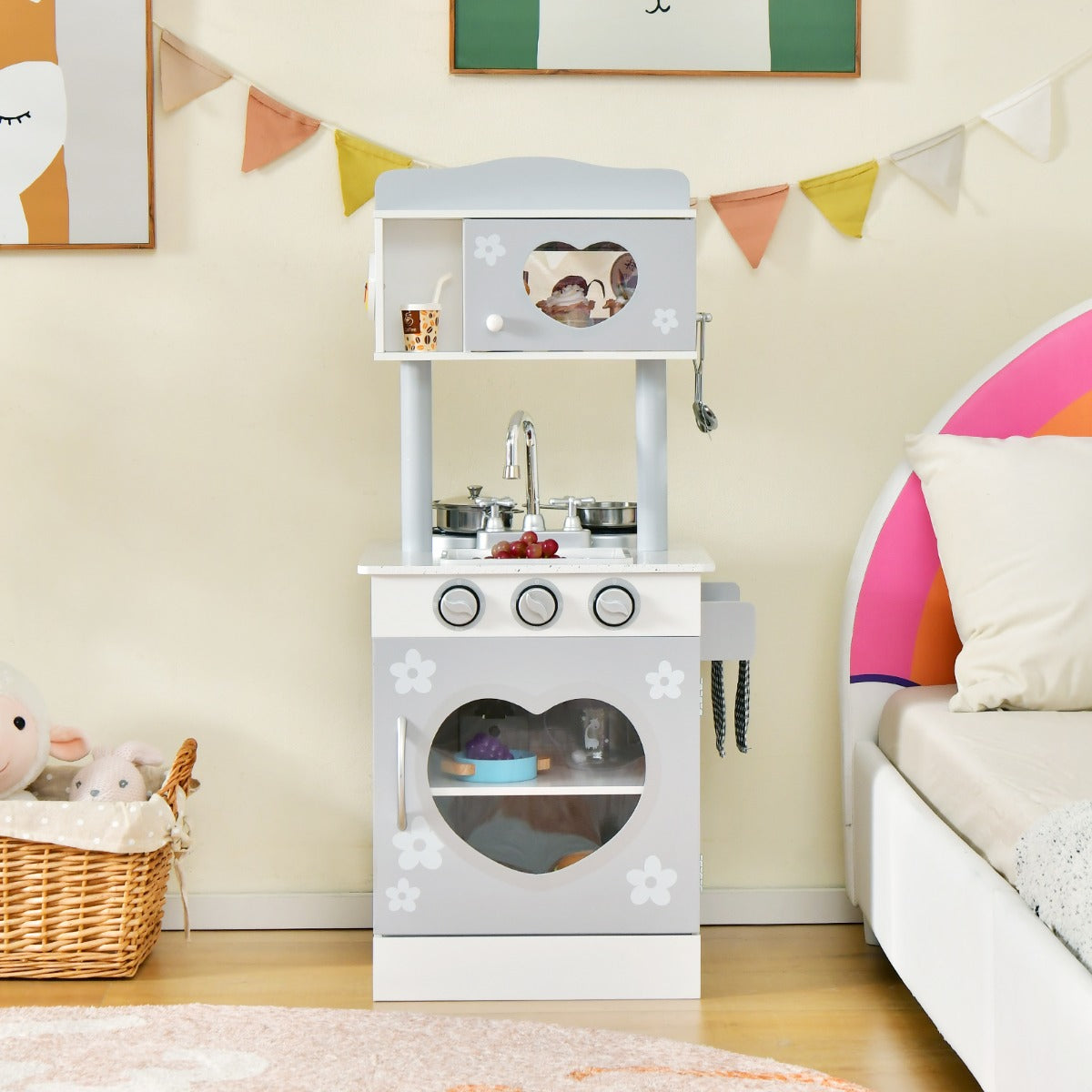 Double-Sided Kid's Play Kitchen Set with Stove and Sink