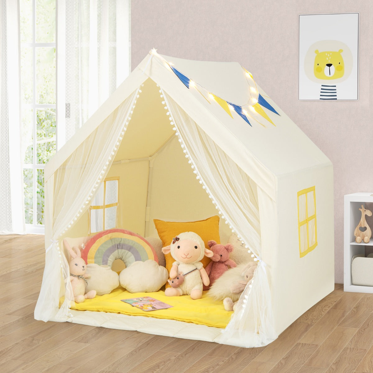 Kids and Toddlers Playhouse with Washable Cotton Mat and Star Lights and Windows-Beige