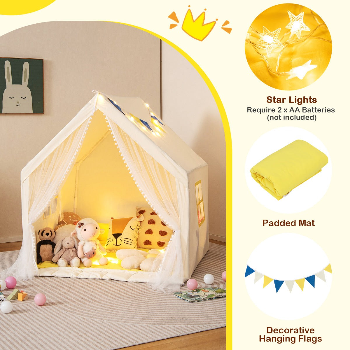 Kids and Toddlers Playhouse with Washable Cotton Mat and Star Lights and Windows-Beige