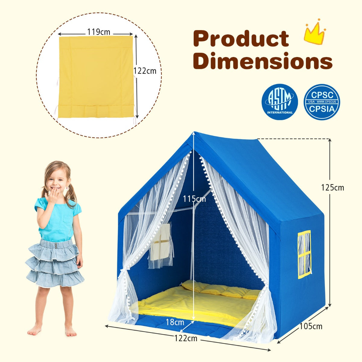 Kids and Toddlers Playhouse with Washable Cotton Mat and Star Lights and Windows-Navy