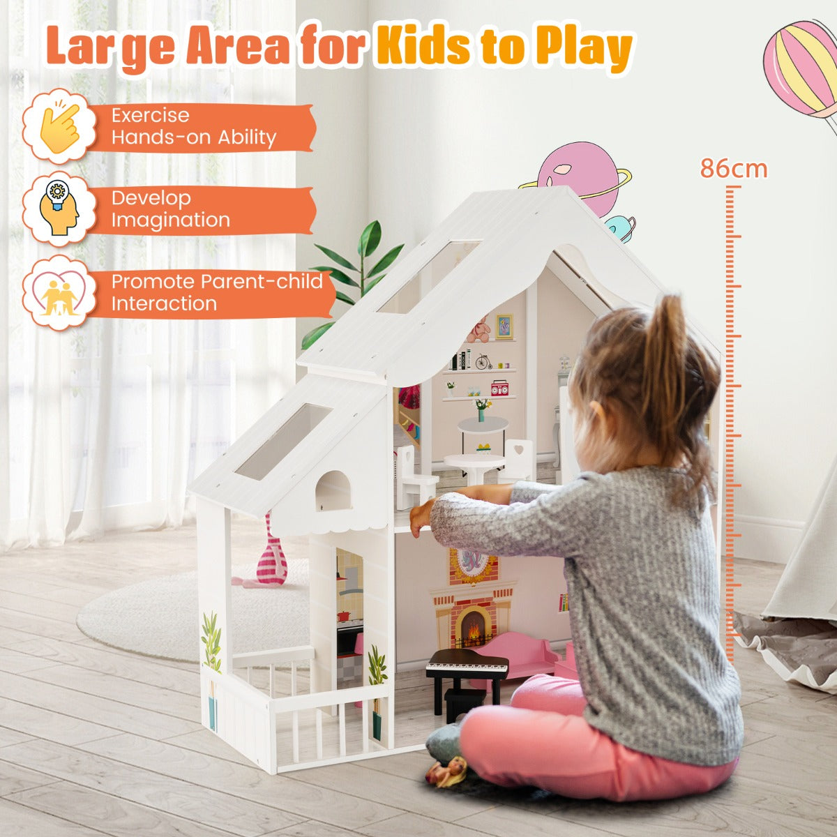 Kids Wooden Dollhouse with Simulated Rooms and Furniture Set-White