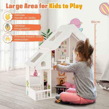 Kids Wooden Dollhouse with Simulated Rooms and Furniture Set-White