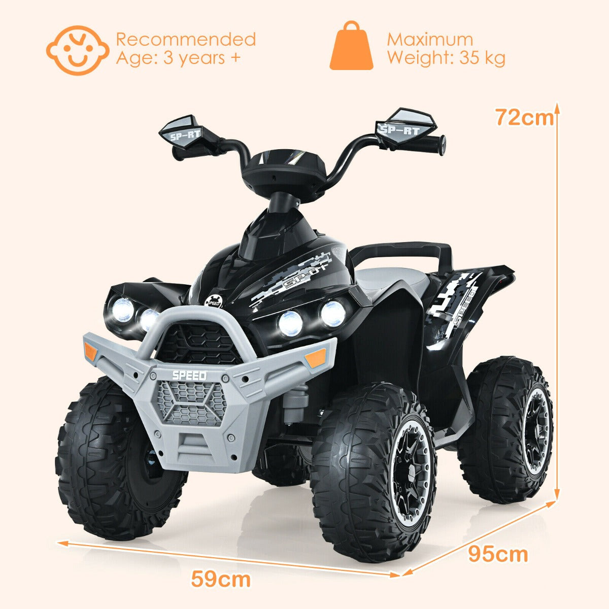 12V Kids Ride on ATV with LED Lights and Music-Black