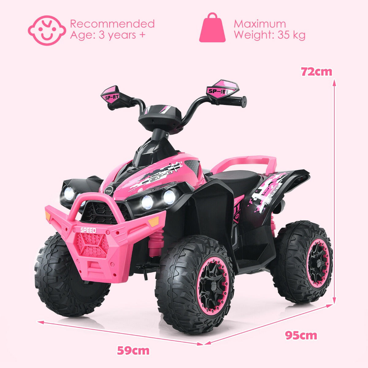 12V Kids Ride on ATV with LED Lights and Music-Pink