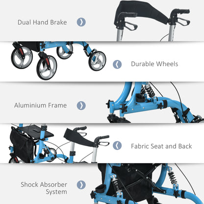 HOMCOM 4 Wheel Rollator with Seat & Back, Lightweight Folding Mobility Walker w/ Large Wheels, Carry Bag, Adjustable Height, Dual Brakes, Blue