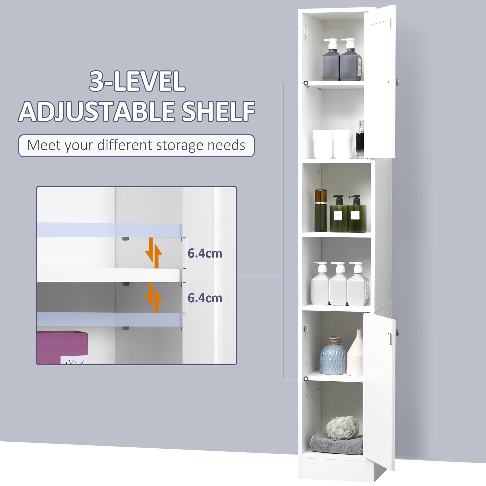 HOMCOM Tall Bathroom Storage Cabinet with Mirror, Freestanding Floor Cabinet Tallboy Unit with Adjustable Shelves, White