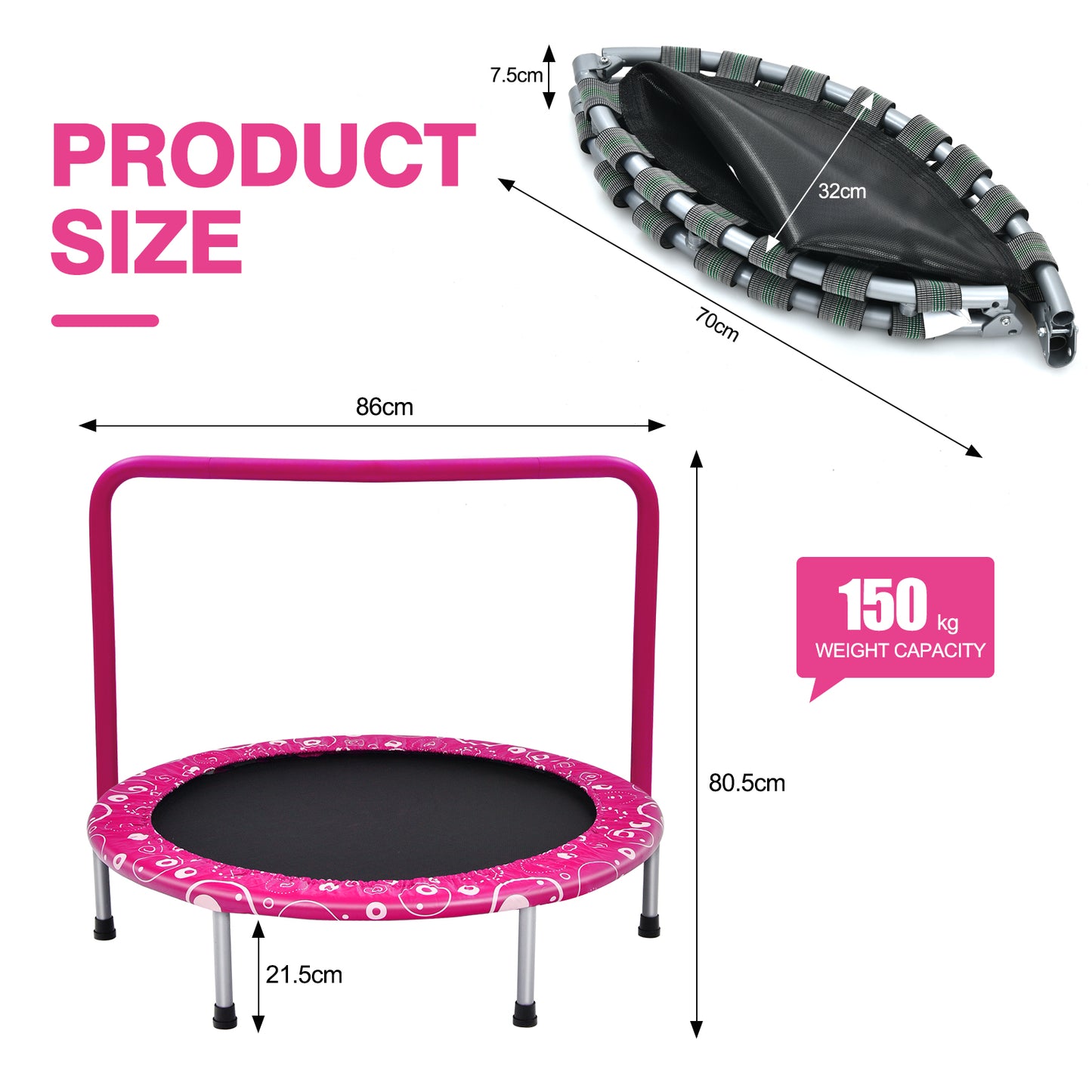 Child's Folding Trampoline with Padded Edge Cover and Full Covered Handle-Pink