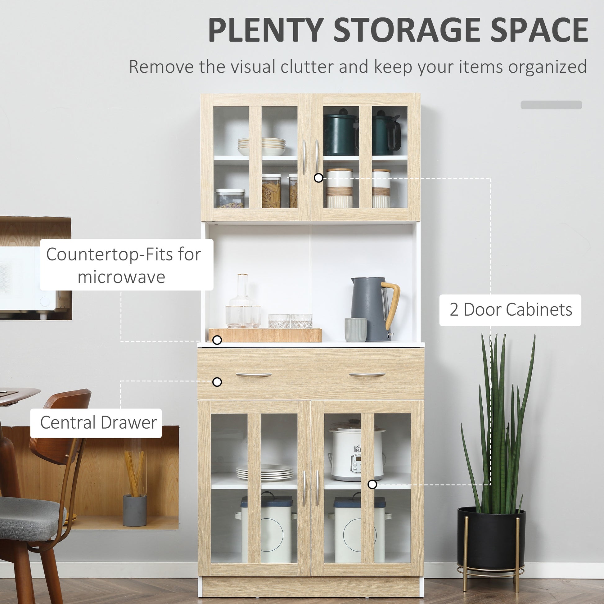 HOMCOM Modern Kitchen Cupboard, Freestanding Storage Cabinet Hutch with Central Drawer, 2 Glass Door Cabinets and Countertop,180cm