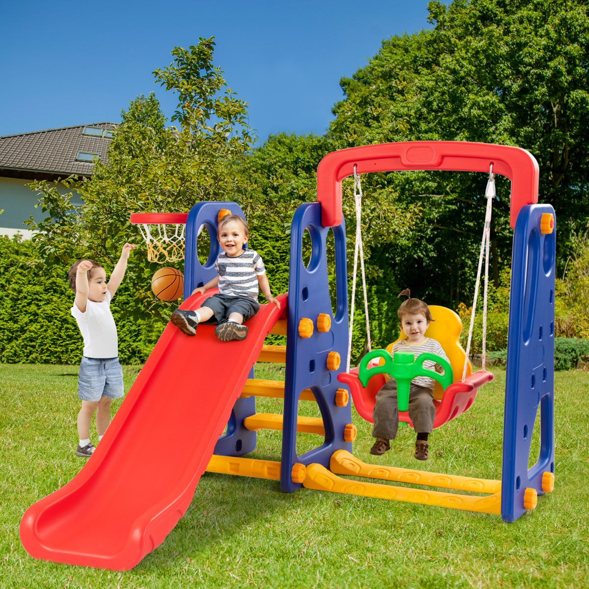 3 in 1 Toddler Slide and Swing Set with Basketball Hoop