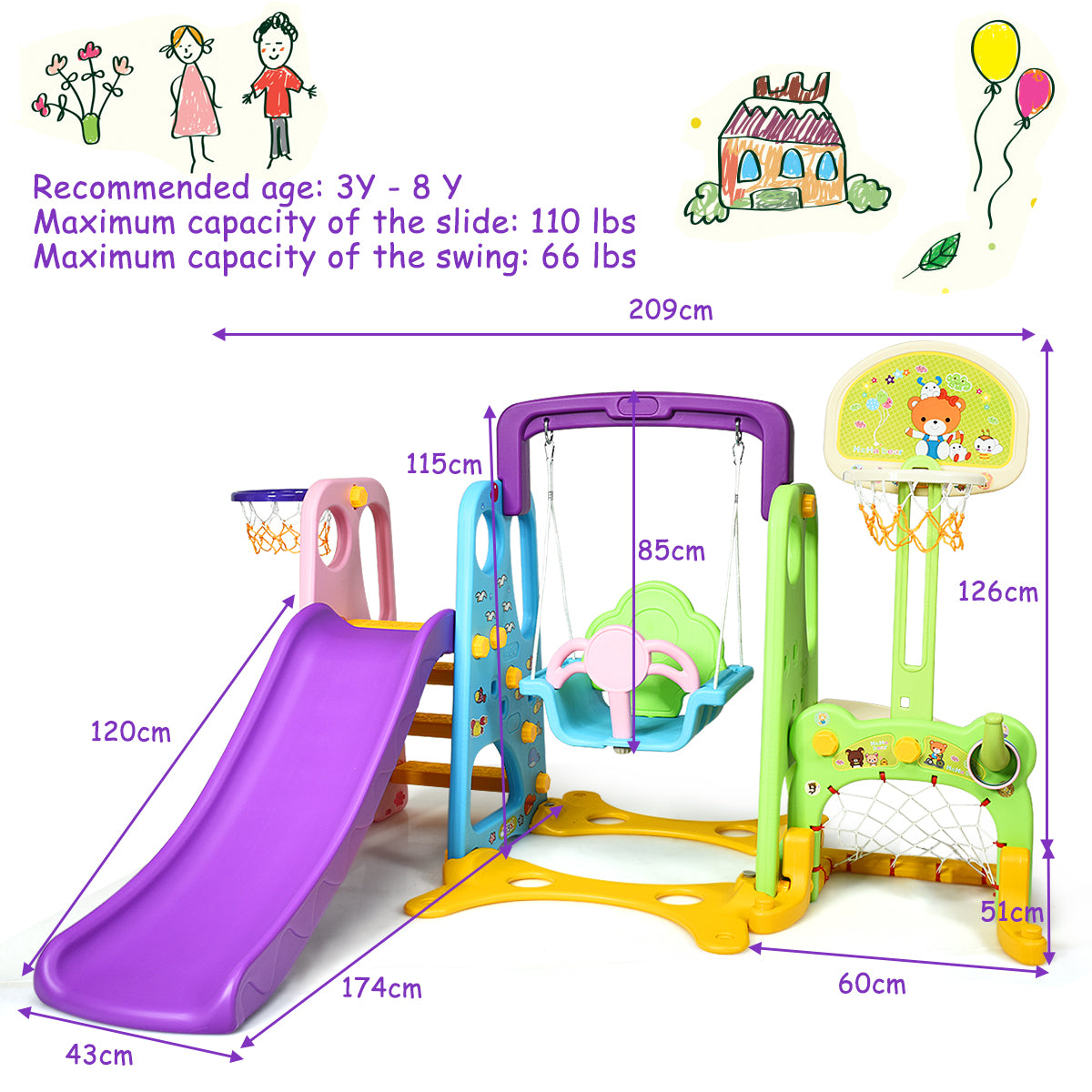 6 in 1 Kids Multifunctional Play Set with Slide, Swing and Basketball Hoop