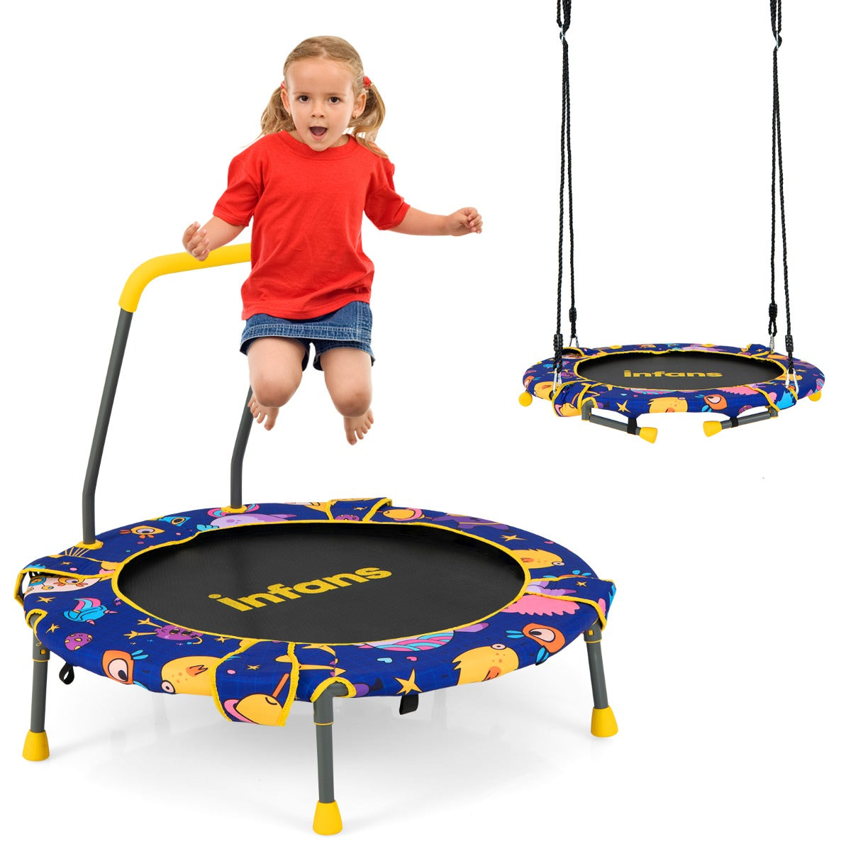 2-in-1 Folding Toddler Trampoline and Swing with Removable Handle