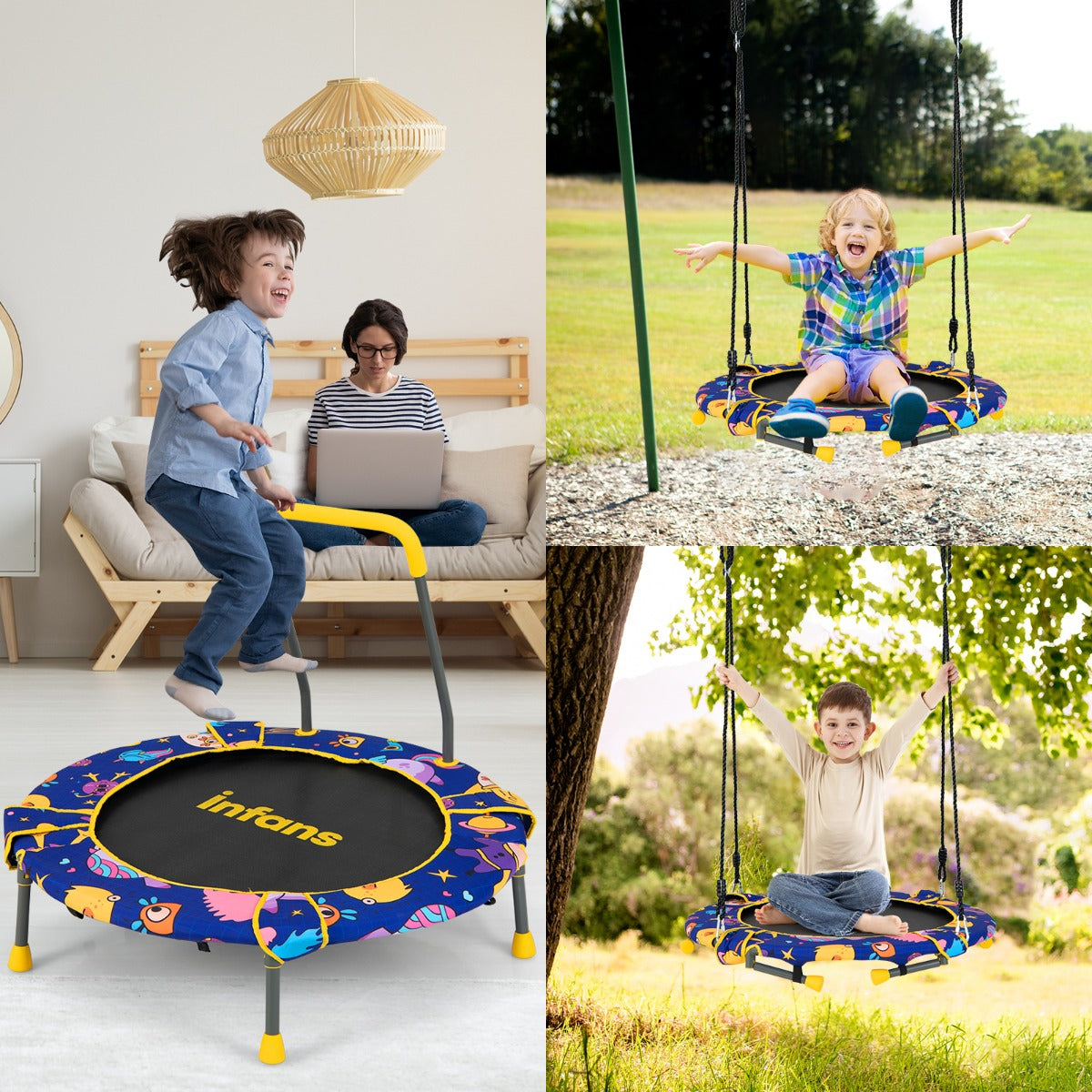 2-in-1 Folding Toddler Trampoline and Swing with Removable Handle