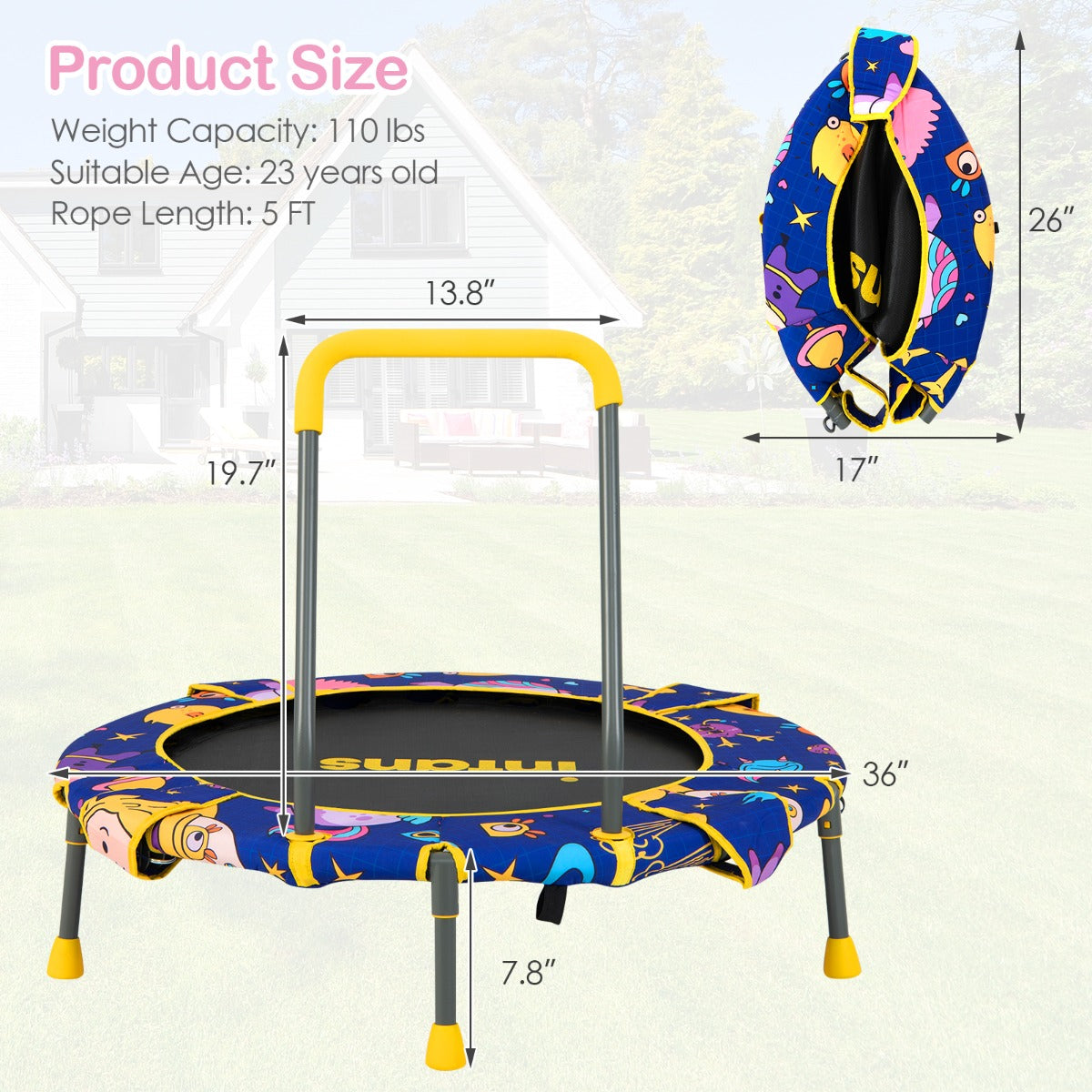 2-in-1 Folding Toddler Trampoline and Swing with Removable Handle