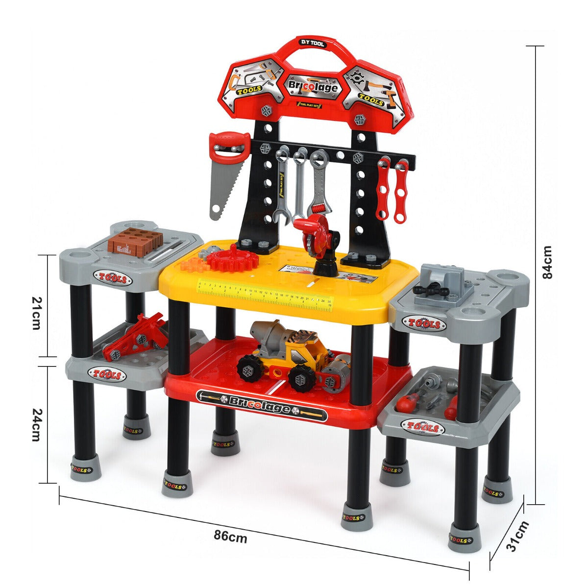 121 Piece Kids Pretend Play Tools Double-Tier Workbench and Construction Toy Set