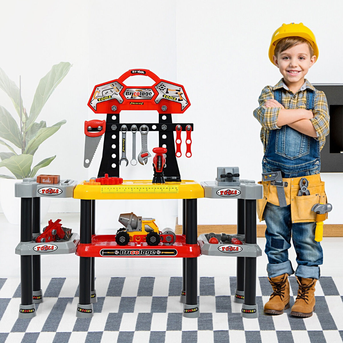 121 Piece Kids Pretend Play Tools Double-Tier Workbench and Construction Toy Set