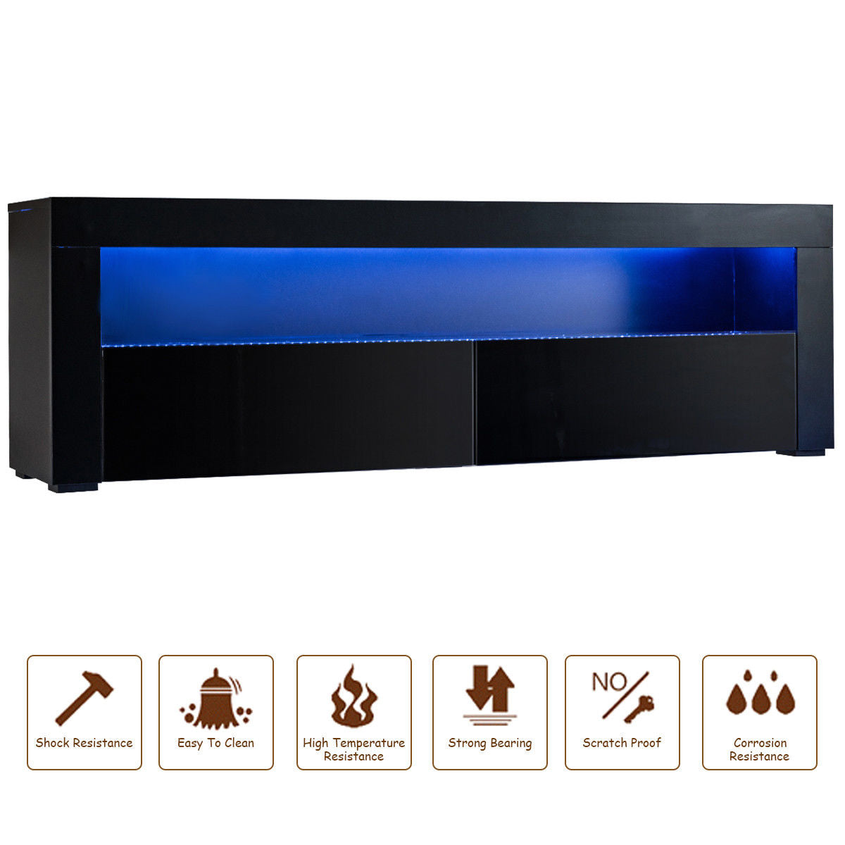 157 cm Modern Home TV Cabinet Stand Unit w/ Drawer & LED Lighting-Black