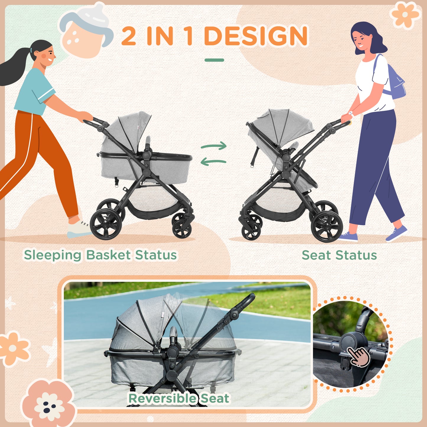 HOMCOM 2 in 1 Lightweight Pushchair w/ Reversible Seat, Foldable Travel Baby Stroller w/ Fully Reclining From Birth to 3 Years, 5-point Harness Grey