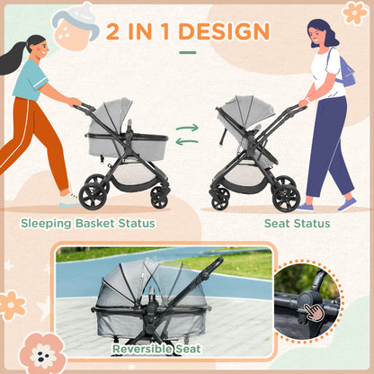 HOMCOM 2 in 1 Lightweight Pushchair w/ Reversible Seat, Foldable Travel Baby Stroller w/ Fully Reclining From Birth to 3 Years, 5-point Harness Grey