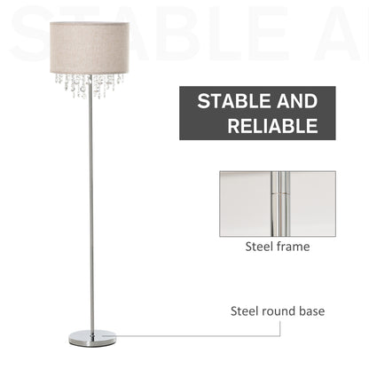 HOMCOM Modern Steel Floor Lamp with Crystal Pendant Fabric Lampshade Floor Switch, Home Style Standing Light, Silver and Cream White