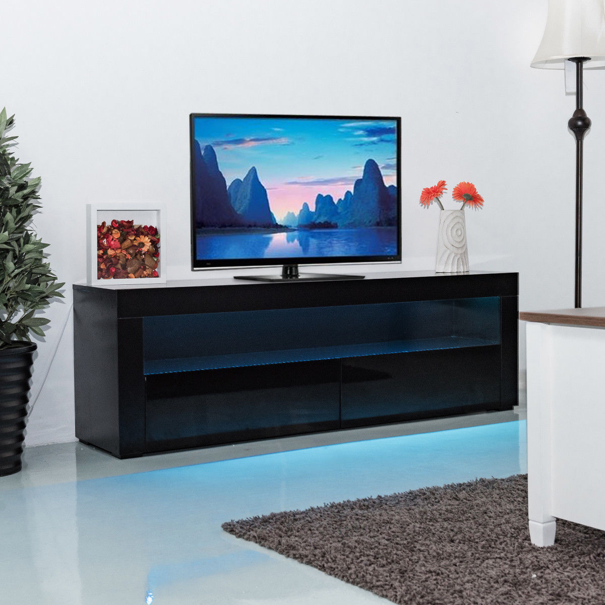 157 cm Modern Home TV Cabinet Stand Unit w/ Drawer & LED Lighting-Black