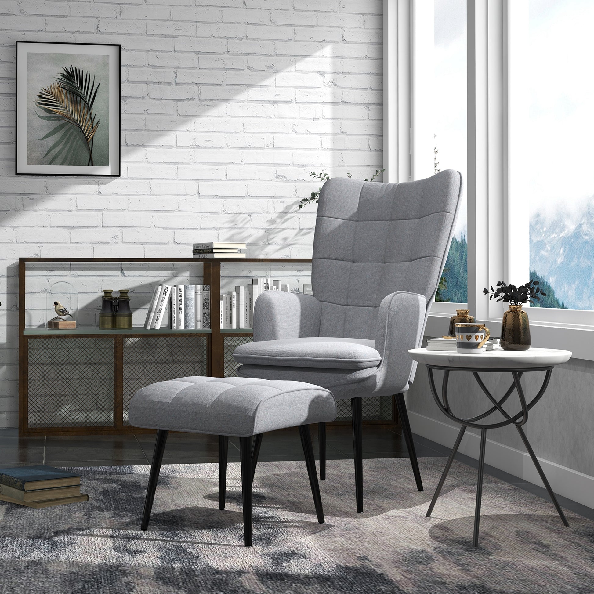 HOMCOM Armchair with Footstool, Living Room Chair, Linen Accent Chair for Bedroom, Home Study, Light Grey