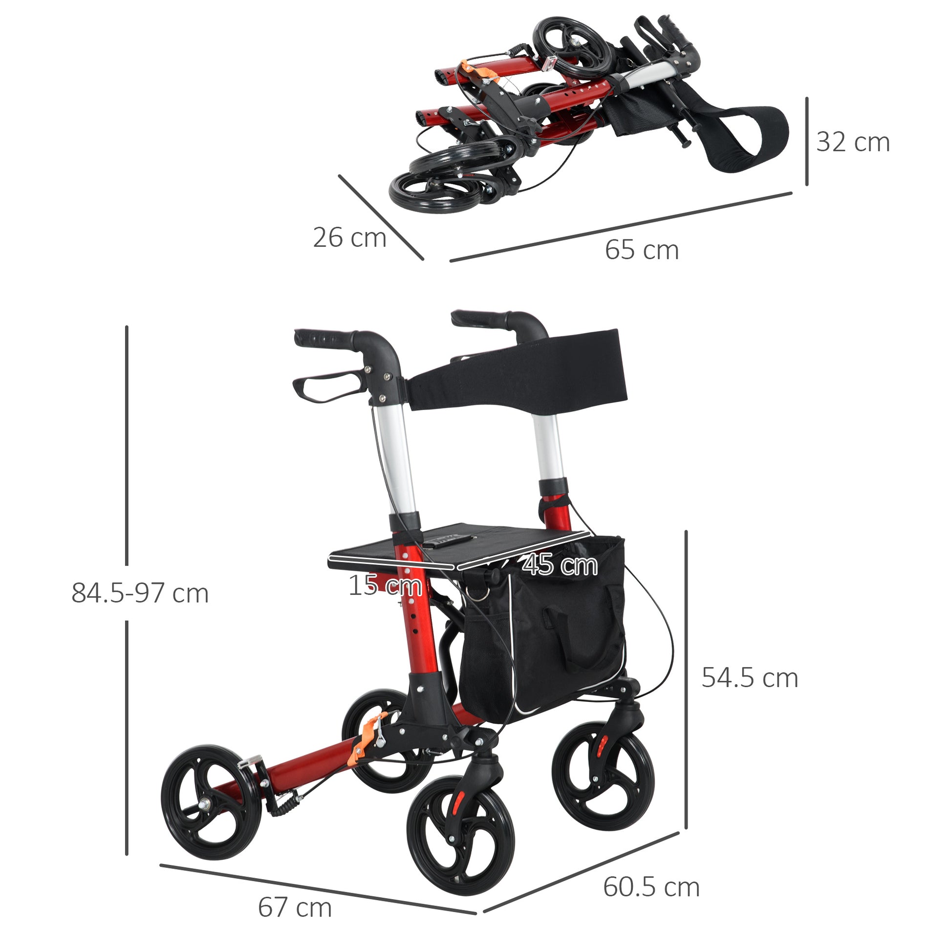 HOMCOM Folding Rollator Walker w/ Seat & Backrest, Lightweight Walking Frame w/ Adjustable Handle Height, 4 Wheeled Walker, Red