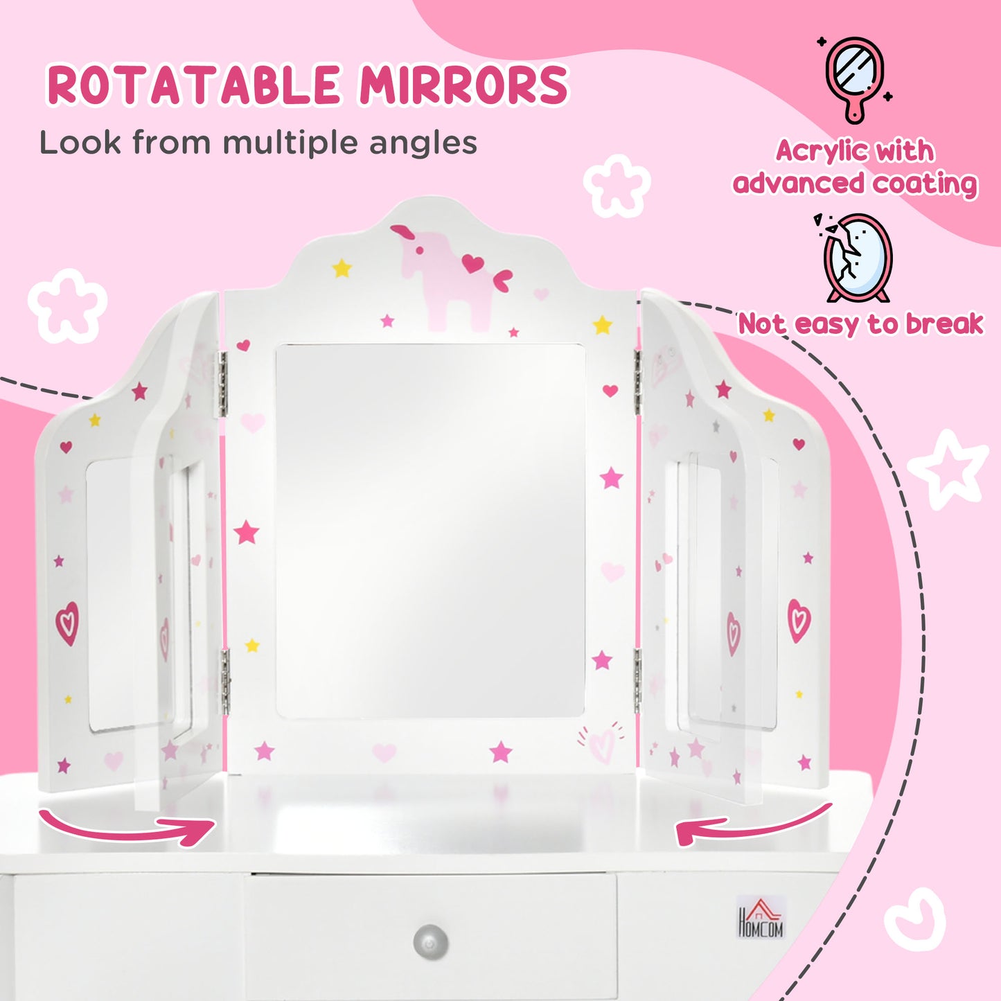 HOMCOM Kids Vanity Table & Stool Girls Dressing Set Make Up Desk Chair Dresser Play Set with Rotatable Mirrors Drawer Star & Heart Pattern White