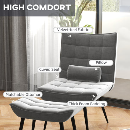 HOMCOM Armless Accent Chair w/ Footstool Set, Modern Tufted Upholstered Lounge Chair w/ Pillow, Steel Legs, Grey