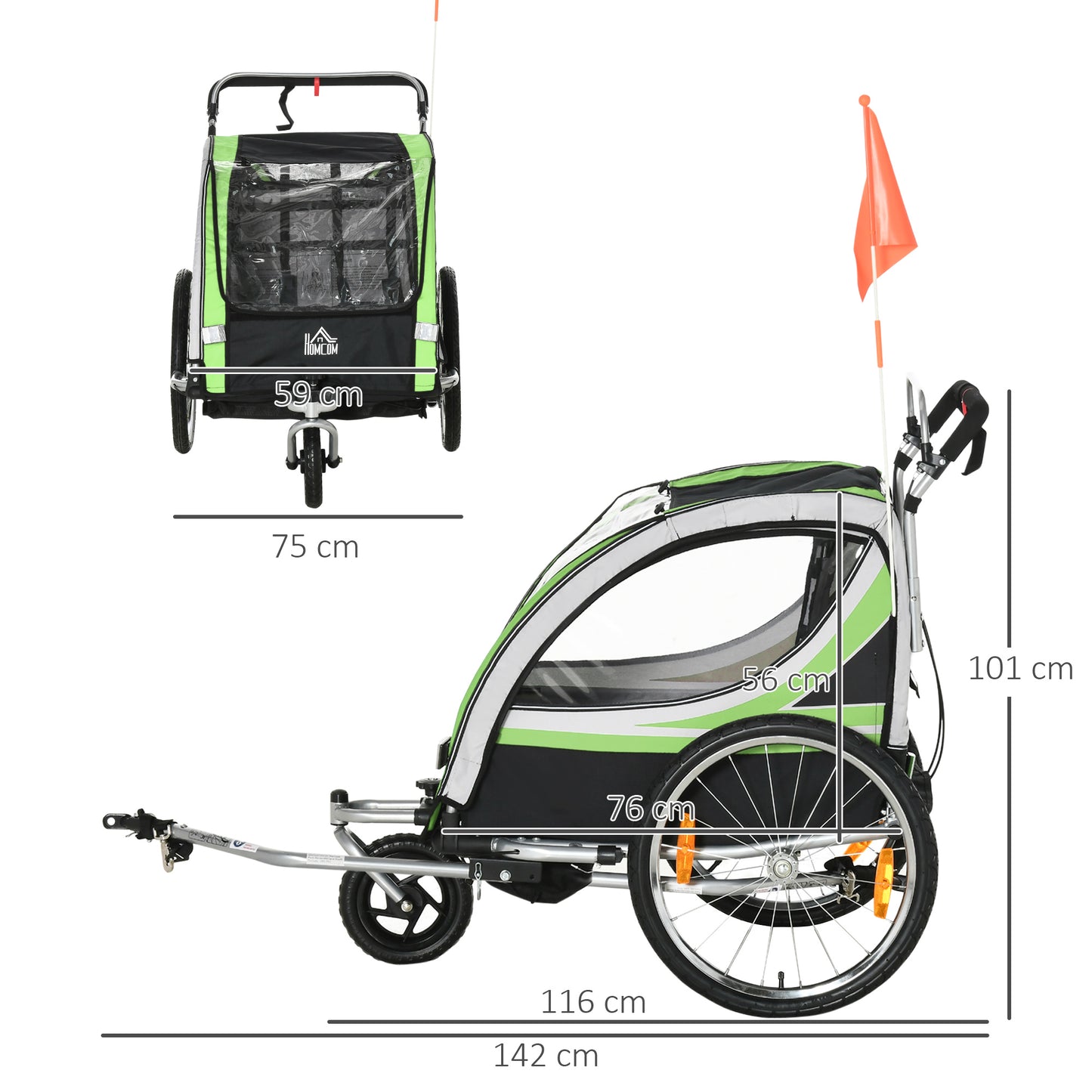 HOMCOM Child Bike Trailer 2 In 1 Baby Stroller 2-Seater Transport Carrier with Hitch Coupler, Brake, 5 Point Harness, Storage Bag, Reflector, Green