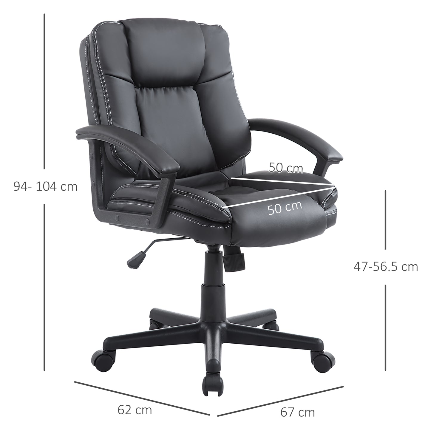 HOMCOM Swivel Executive Office Chair Mid Back Faux Leather Computer Desk Chair for Home with Double-Tier Padding, Arm, Wheels, Black