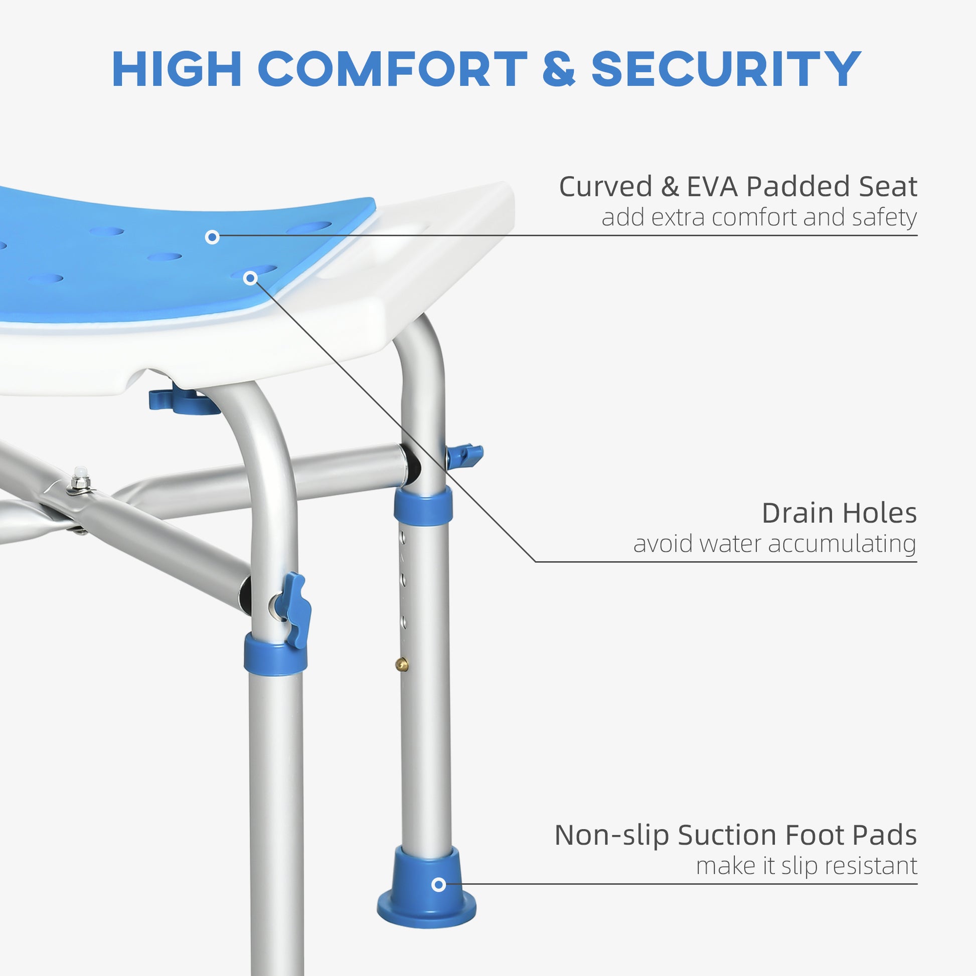 HOMCOM Shower Chair for Elderly and Disabled, Adjustable Padded Shower Stool with Built-in Handle and Non-slip Suction Foot Pads, Blue