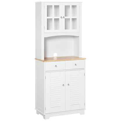 HOMCOM Modern Kitchen Cupboard, Louvered Kitchen Storage Cabinet with Framed Glass Doors and 2 Drawers, White