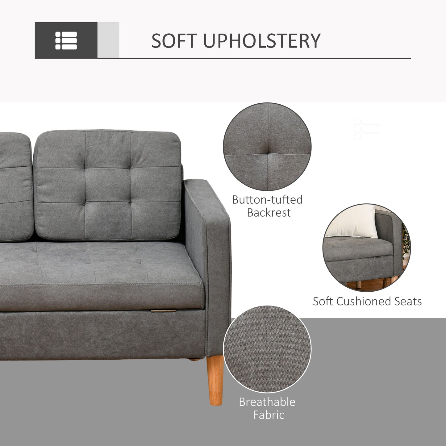 HOMCOM Modern 3-Seater Sofa Button-Tufted Fabric Couch with Hidden Storage Rubberwood Legs for Living Room, Grey