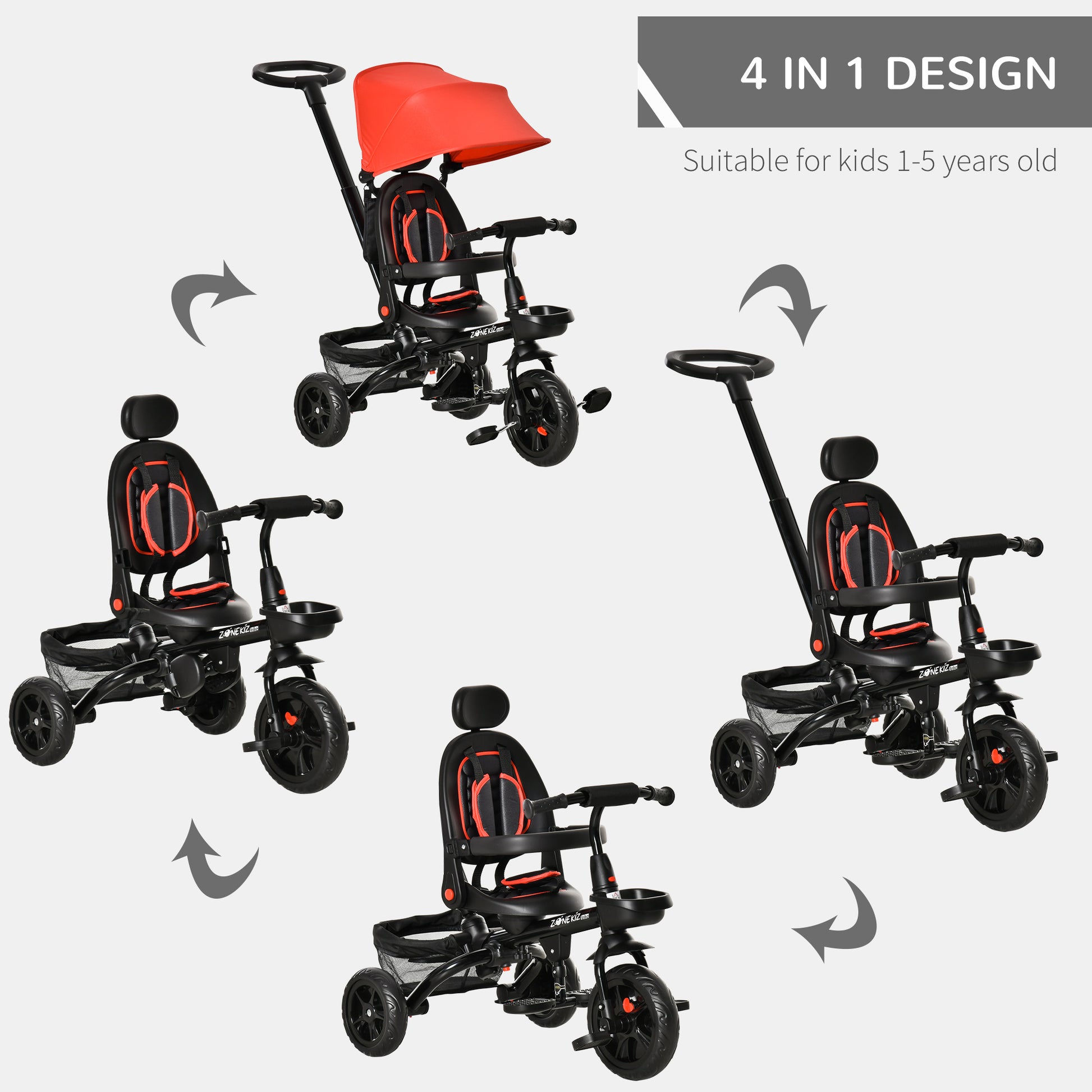 HOMCOM 4 in 1 Tricycle 3 Wheels Pushchair Toddler Stroller Foldable Pedal Trike w/ Reversible Angle Adjustable Seat for 1-5 Years, Red