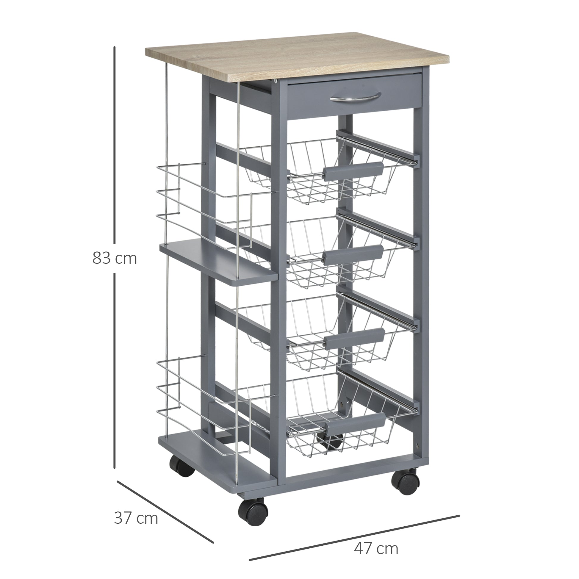 HOMCOM Kitchen Trolley, Multi-Use Kitchen Island w/ 4 Baskets 2 Side Racks 4 Wheels Food Storage Smooth Rolling Compact Furniture Dark Grey