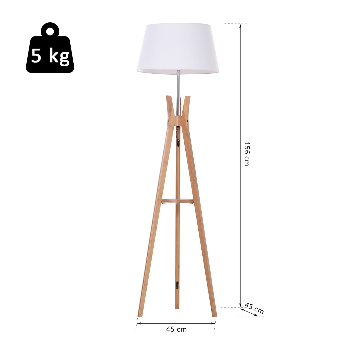 HOMCOM Tripod Floor Lamp Light E27 Base Bedroom Living Room Natural Wooden Fabric Shade Storage Shelf Foot Switch, 156cm, White