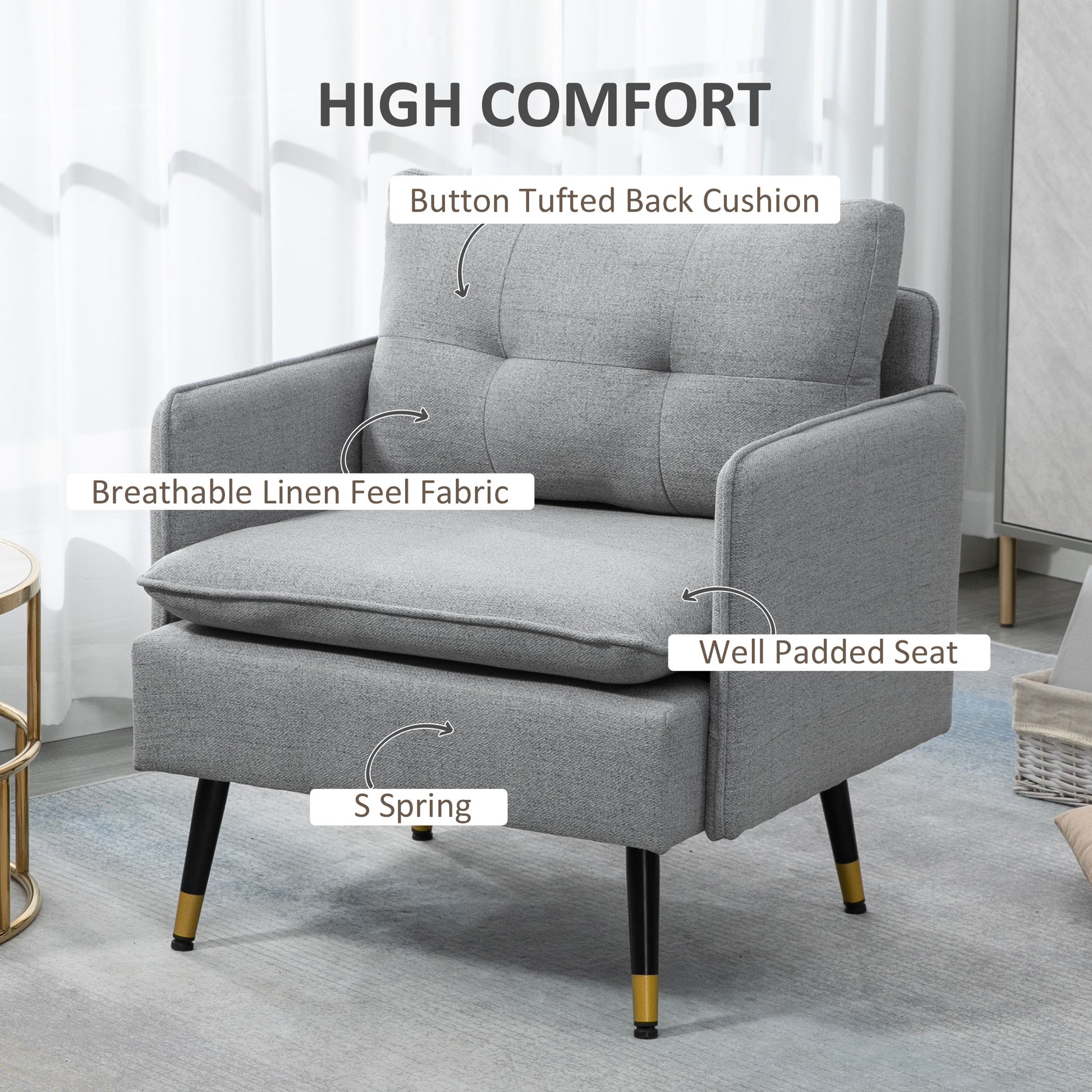 HOMCOM Modern Accent Chair, Upholstered Button Tufted Occasional Chair for Living Room and Bedroom, Grey