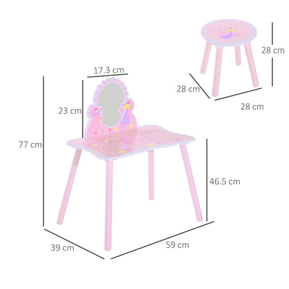 HOMCOM Kids Dressing Table Girls Pink Wooden Kids Dressing Table & Stool Make Up Desk Chair Toys Fairy Dresser Play Set w/Mirror