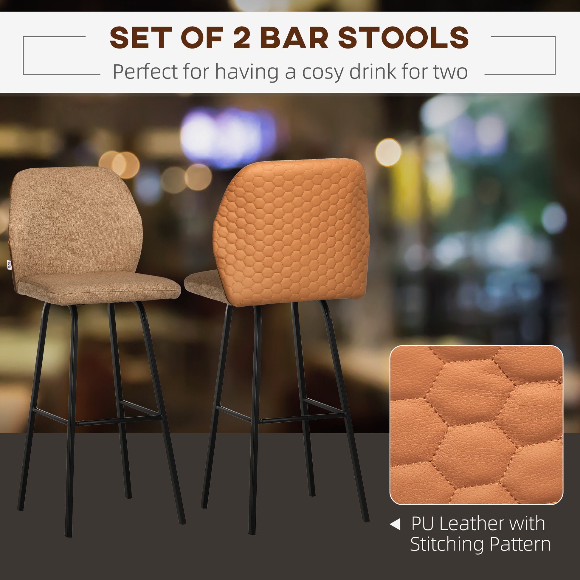 HOMCOM Bar Stools Set of 2, Linen-Touch Upholstered Bar Chairs, Kitchen Stools with Backs and Steel Legs, Light Brown