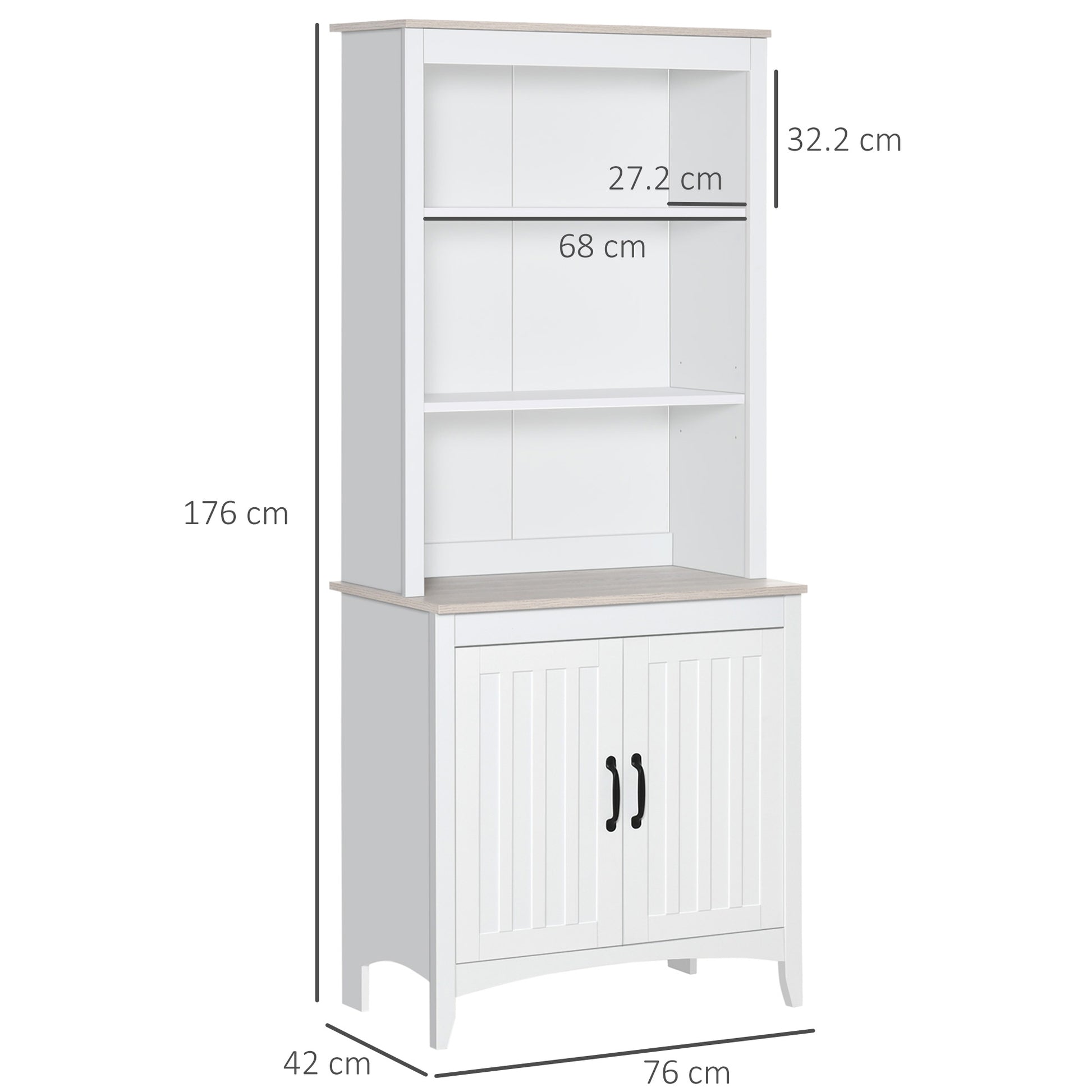 HOMCOM Kitchen Cupboard with 3-tier Shelving Double-door Storage Cabinet, Sideboard with Adjustable Shelves Microwave Oven Counter Top, White