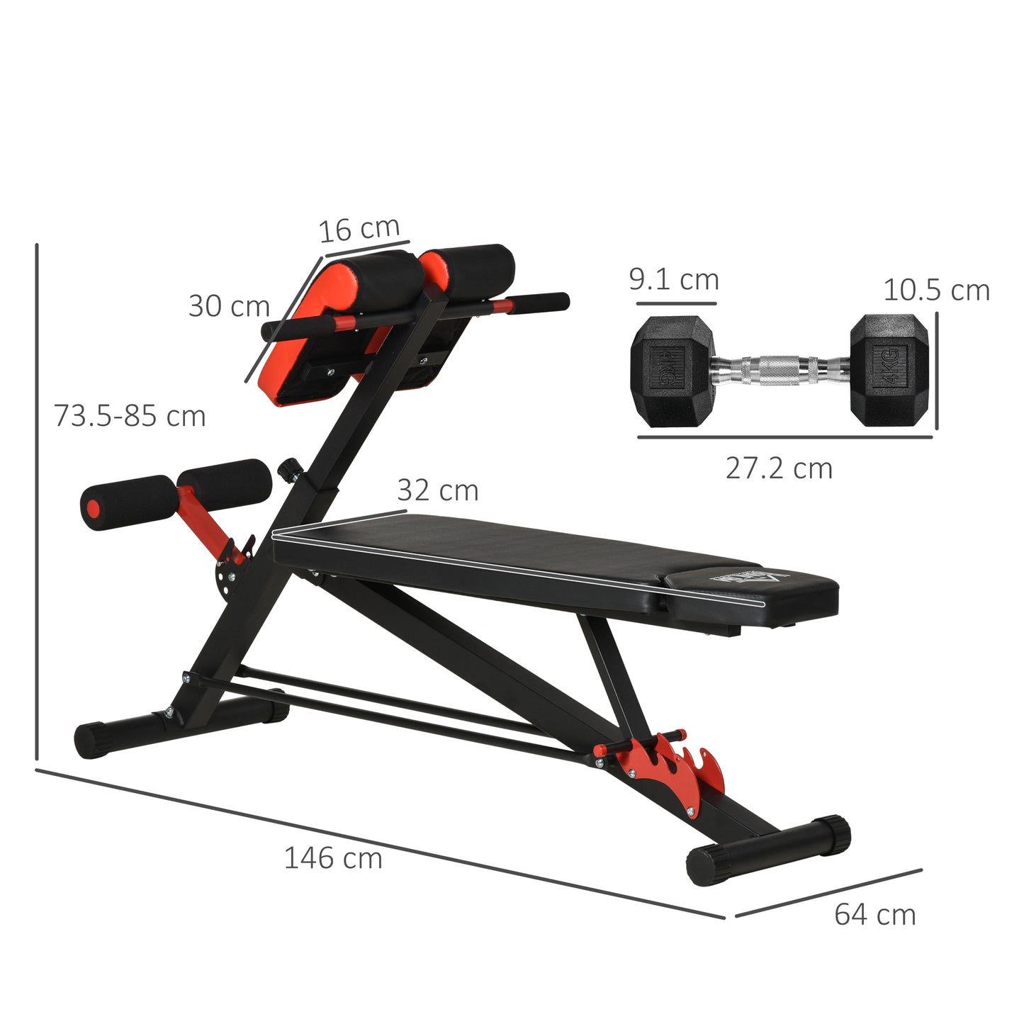 HOMCOM Multifunction Weight Bench with 2 Dumbbells, 7-Level Adjustable Hyper Extension Sit-up Bench