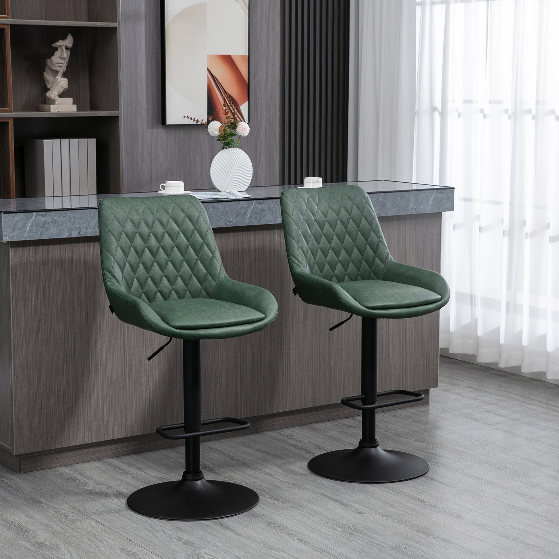 HOMCOM Retro Bar Stools Set of 2, Adjustable Kitchen Stool, Upholstered Bar Chairs with Back, Swivel Seat, Green