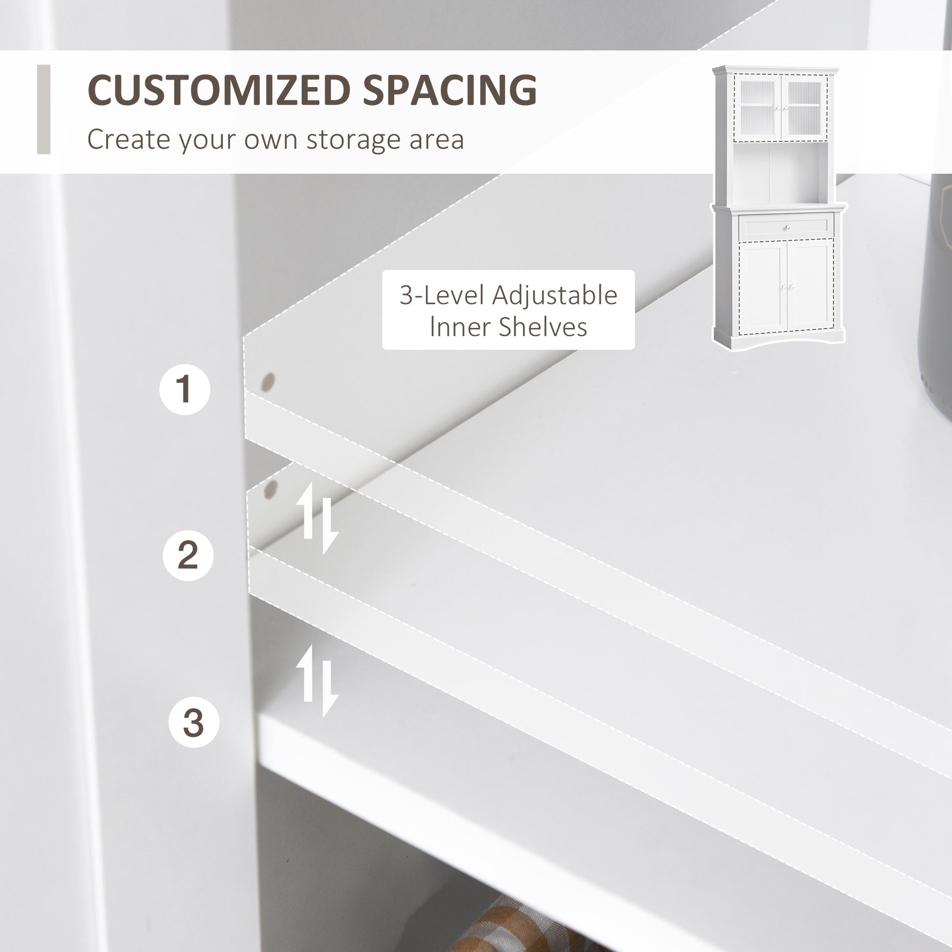 HOMCOM Kitchen Cupboard, Freestanding Storage Cabinet with Glass Doors, Adjustable Shelves, and Open Counter, White