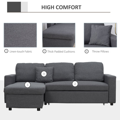 HOMCOM 3 Seater Corner Sofa Bed with Storage, L Couches for Living Room with Chaise Lounge, Double Sofa, Grey